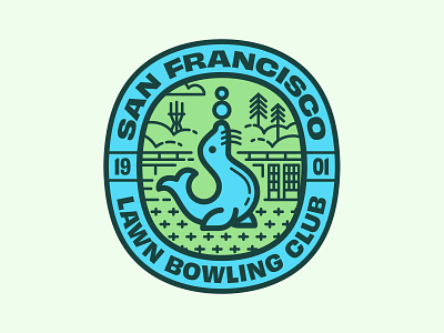 San Francisco Lawn Bowling Club animal apparel badge branding club design identity illustrator lawn bowling logo san francisco scarf seal sport sutro tower sweatshirt vector