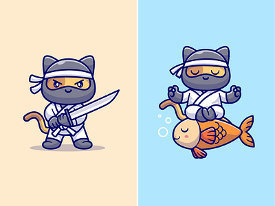 Cat Ninja🐱🥷🏻⚔️🐟 animals cat cute danger eye fish fur icon illustration logo mask ninja paw pet sword tail war warrior water yoga