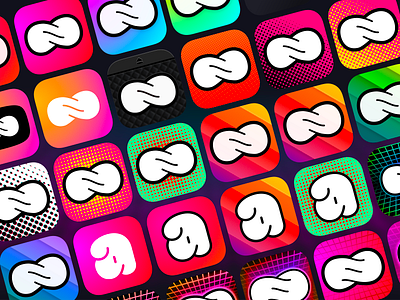 Along App Icon, discarded iterations along app icon branding cartoon gradients grids half tone icon ios logo sticker