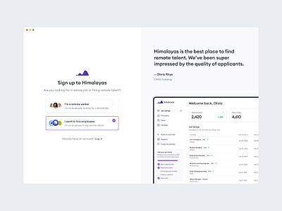 himalayas.app — sign up page 2.0 🏔 checkbox create account figma log in login minimal minimalism product design sign up signup split screen testimonial ui design web design webflow