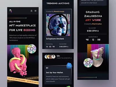 NFT Landing Page - Responsive Version art artwork bitcoin clean crypto dark design ethereum metaverse mobile nft responsive statue token ui ux web design website
