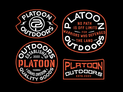 Platoon Outdoors Badges apparel badge badges branding custom type design geometric graphic design hat headwear illustration line lineart logo minimal monogram monoline outdoor patch typeface