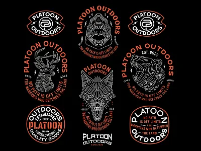 Platoon Outdoors Badges & Illustrations apparel badge badges bear branding clothing coyote design fashion geometric illustration line lineart logo merch minimal monoline outdoors skilline skillinedesignco