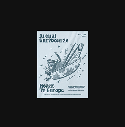 A Poster for Arenal Surfboards black blue california drawing illustration ink layout pencil portugal poster print surf surfing type typography white