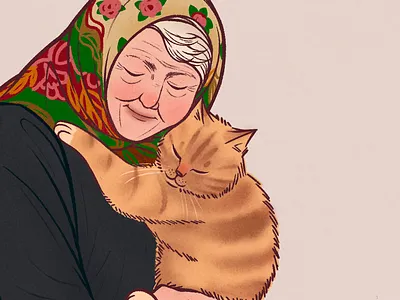 Elderly Lady And Cat animal branding illustration