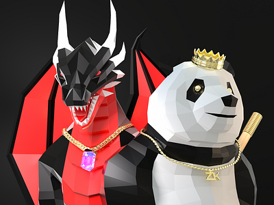 Panda Kung Fu & Flying Dragon 3d 3d character 3d illustration 3d modeling digital art lowpoly metaverse nft nft art p2e p2e game web3