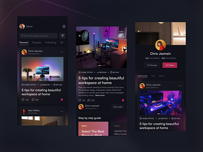 An app for interior enthusiasts app carousel dark dark mode dark theme design feed gradient home office interior minimal navigation network profile social social app ui