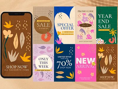 Colorful Botanical Memphis Templates | E-Commerce Business Sale adobe advertisement botanical branding design digital art ecommerce graphic graphic design illustration illustrator memphis style online shopping sale small business social media marketing social media post social media story template vector