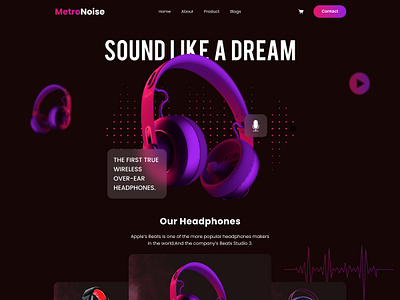 MetroNoise Headphone Website Design colorfull dark design figma gadget gradient headphone illustration landing page logo mic music retro sound studio theme ui ux vr web