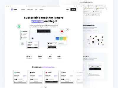 Subs - Sharing Subscription Landing Page app blue clean component design gradient illustration landing page layout netflix playfull purple sharing subscription spotify uiux website youtube