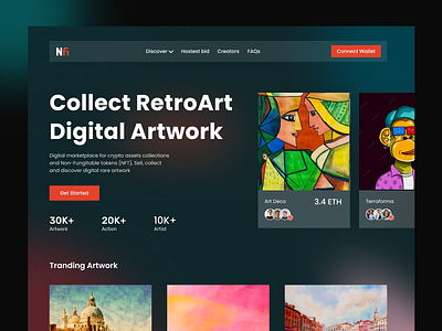 NFT Marketplace Website bitcoin blockchain creative crypto art cryptoart cryptocurrency design ethereum ico illustration landing nft nft dashboard nft market nft marketplace nftart nfts rarible trend web design