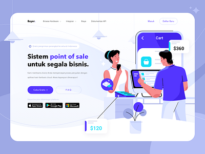 Bayer - Point of Sale Website Header Exploration branding design ecommerce flat hero illustration illustration landing page payment point of sale pos purple ui website