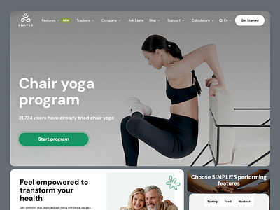 Simple - Chair Yoga Program balance body exercise body pose chair yoga exercise exercising program fitness fitness guide health landing page lifestyle mobility movement sleek design sport training ui design user interface wellbeing yoga