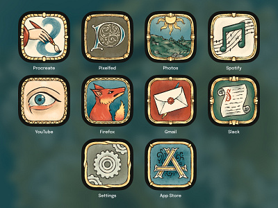 Illuminated Manuscript App Icons app firefox gmail icons illuminated manuscript illustration lettering pixelfed procreate slack spotify youtube