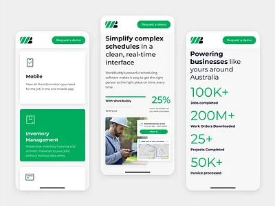 Mobile version design for corporate website | WorkBuddy cards corporate website facts green illustration interface interface design landing page marketing design mobile mobile design numbers product product design services ui ux uxui web web design