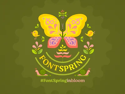 Spring in Bloom blossoms botanical bugs butterfly chicks design floral flowers folk art fonts fontspring illustration logo nature retro scandinavian snail spring symmetrical typography