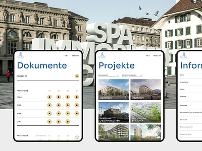 Tablet screens of real estate investment company website architecture corporate design filter icons options products real estate swiss table tablet tile ui webdesign website