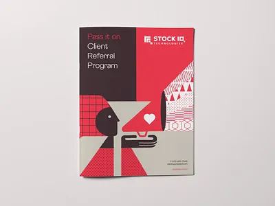 Booklet Illustration - Client Referral block design booklet branding brochure brochure layout brochure spread bullhorn client referral collateral coverart illustration megaphone pattern