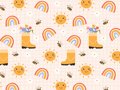 Spring Garden pattern adobe illustrator bee cartoon checkered cute daisy eyes flowers illustration pattern purple rainbow red rubber boot seamless smile sun surface designer vector yellow