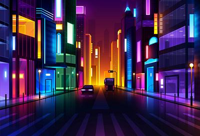 Futuristic Night City building center city cityscape downtown futuristic hometown horizon landscape mall neon neon city night city shopping sign synthwave tower town urban vector