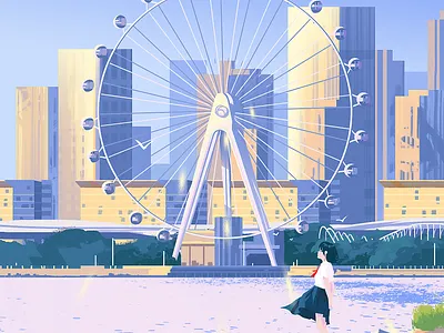 Ferris wheel building character design city color ferris wheel girl gradient color homepage illustration nature sea seaside travle ui vector