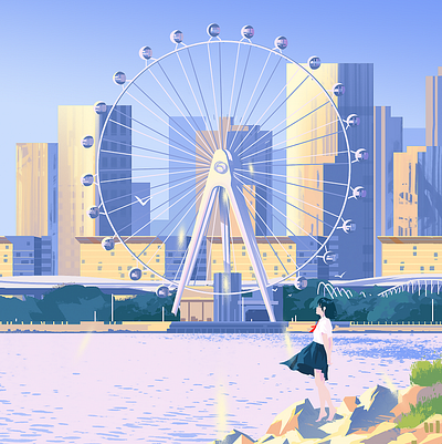 Ferris wheel building character design city color ferris wheel girl gradient color homepage illustration nature sea seaside travle ui vector