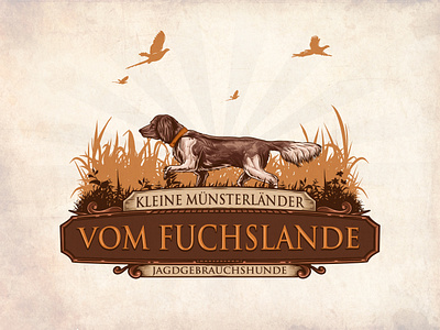 Vom Fuchslande badge badge design brand identity branding design dog graphic design hand drawing hand drawn hand drawn logo hunting illustration landscape logo logo design puppy small musterlander vintage vintage design vintage logo