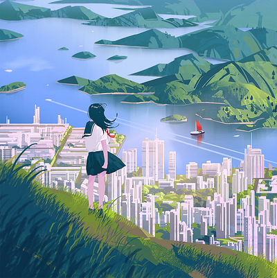 Shenzhen building city color gradient color homepage hongkong illustration island landscape mountain nature sea seaside ui vector wind