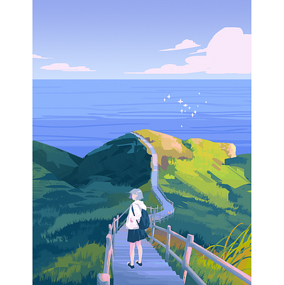 Seaside branding character design color flatillustration gradient color grass homepage illustration landscape nature sea ui vector