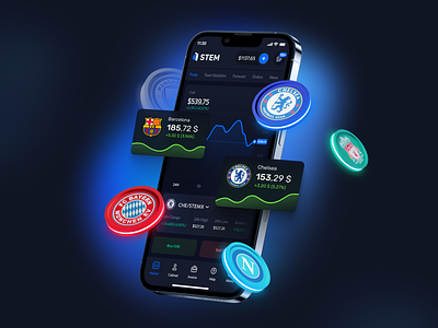 StemX Token Market 3d app ui betting bitcoin crypto cryptocurrency finance fintech game design graphic design mobile app payments platform soccer sport trade ui design ux design wallet web design