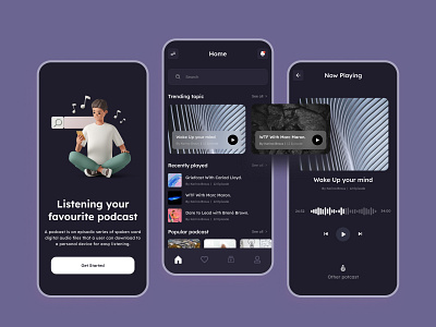 Podcast Mobile App - Dark Mood 3d 3d illustration clean design graphic design live streaming minimal music podcast stories teamuininja ui uiux