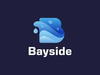 Bayside logo with B & Water wave combination logo design b letter logo b wave bay logo bayside beach logo blue colorful blue gradient creative logo hotel initial letter logo lettermark monogram ocean logo river sea logo water water splash water wave wave wordmark
