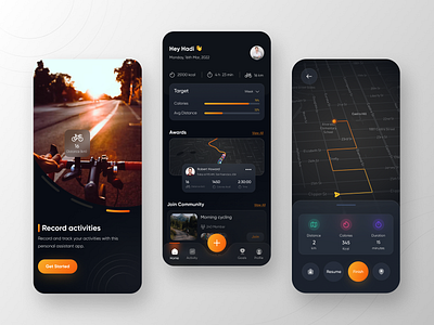 Cycling Tracker App in Dark Mode activity bike bottom navigation challenge dark ui design fitness healthy lifestyle mobile app modern sport sports app tracker trainer workout