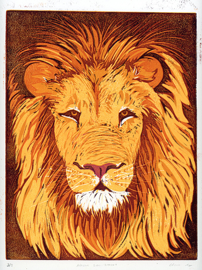 African Lion Portrait animals block print grunge illustration linocut lion nature print design printmaking