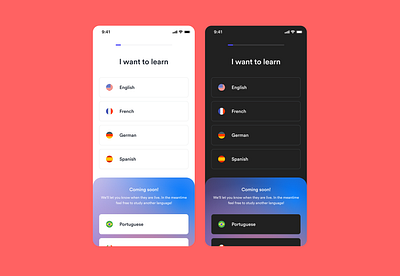 Dark mode "It's like a reward" app design buttons coming soon dark mode gradient iphone language onboarding