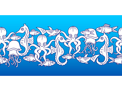 Underwater animals seamless border Sketch hand drawn sea water