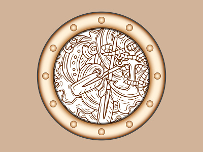 Doodle porthole with sea Marine pattern Hand drawn antistress water