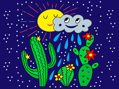 Doodle card with cactus flower, sun, rain Sketch wilderness sketch