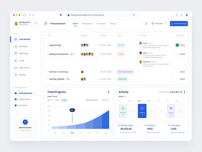 Saas Management activity blue board chart clean dashboard date email event link management menu progress project saas schedule side bar table task team