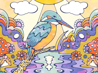 Kingfisher Bird King 70s art print bird colorful design digital art female artist groovy art halftone illustration kingfisher landscape lively scout modern retro nature pop procreate psychedelic retro vintage illustration