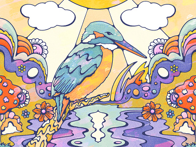 Kingfisher Bird King 70s art print bird colorful design digital art female artist groovy art halftone illustration kingfisher landscape lively scout modern retro nature pop procreate psychedelic retro vintage illustration