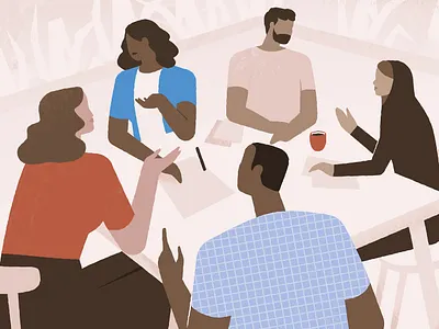 Discussion blue character conversation debate dialogue discusing discussion flat gather gathering illustration man meeting people table talk talking talks vector woman