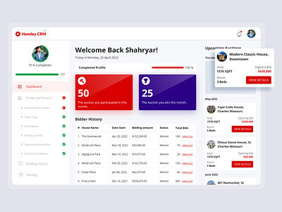 Homley CRM - Property Auction Dashboard - Rich Technologies brand visualization crm crm design dashboard dashboard design design design company in pakistan graphic design home aution dashboard ilustration layout property property auction property aution dashboard rich technologies ui design uiuiux user profile dashboard website design