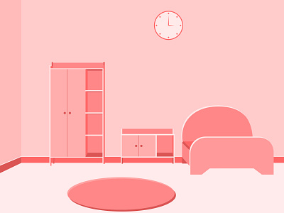 Feminine baby bedroom flat interior vector illustration bed bedroom interior carpet cartoon child bedroom clock cupboard feminine feminine baby bedroom flat illustration illustration kid mat minimalist pink rack showcase table trending vector interior design