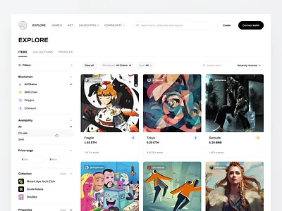 Explore - NFT Marketplace blockchain clean crypto details filter filters marketplace minimal nft nft marketplace nft ui product search side drawer sorting ui user interface ux web web design