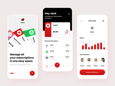 Subscription Management App app avatars black red bottom navigation cool design fun icons management minimal netflix onboarding spotify statics subscription management team plan teams ui uiux ux