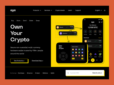 Own Your Crypto - secure hardware wallet for your coins bitcoin coins crypto dark etherium flat neue machina ui wallet web yellow