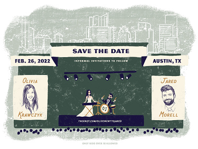 Music Festival - Save the Date Illustration austin austin skyline austin texas city skyline invite music festival portrait drawing save the date true grit textures wedding