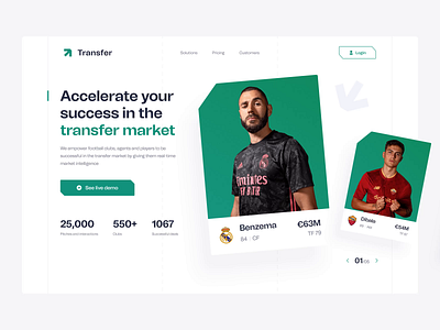 UX/UI design of the website for the football transfer market animation club football landing page league match player rating score site soccer sport statistics team transfer management transfer market