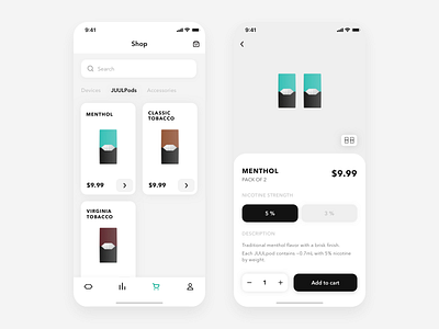 JUUL - iOS App (Shop) add to cart app concept design ecommerce ios juul minimal mobile product shop store ui ux vape